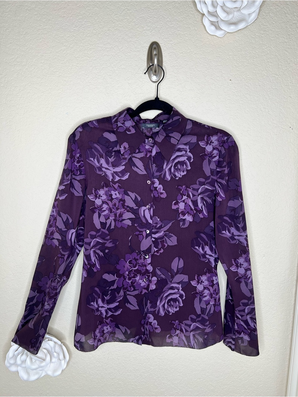 NTM: Tahari Petite Purple Floral Silk Blend Sheer Button Down Blouse PL